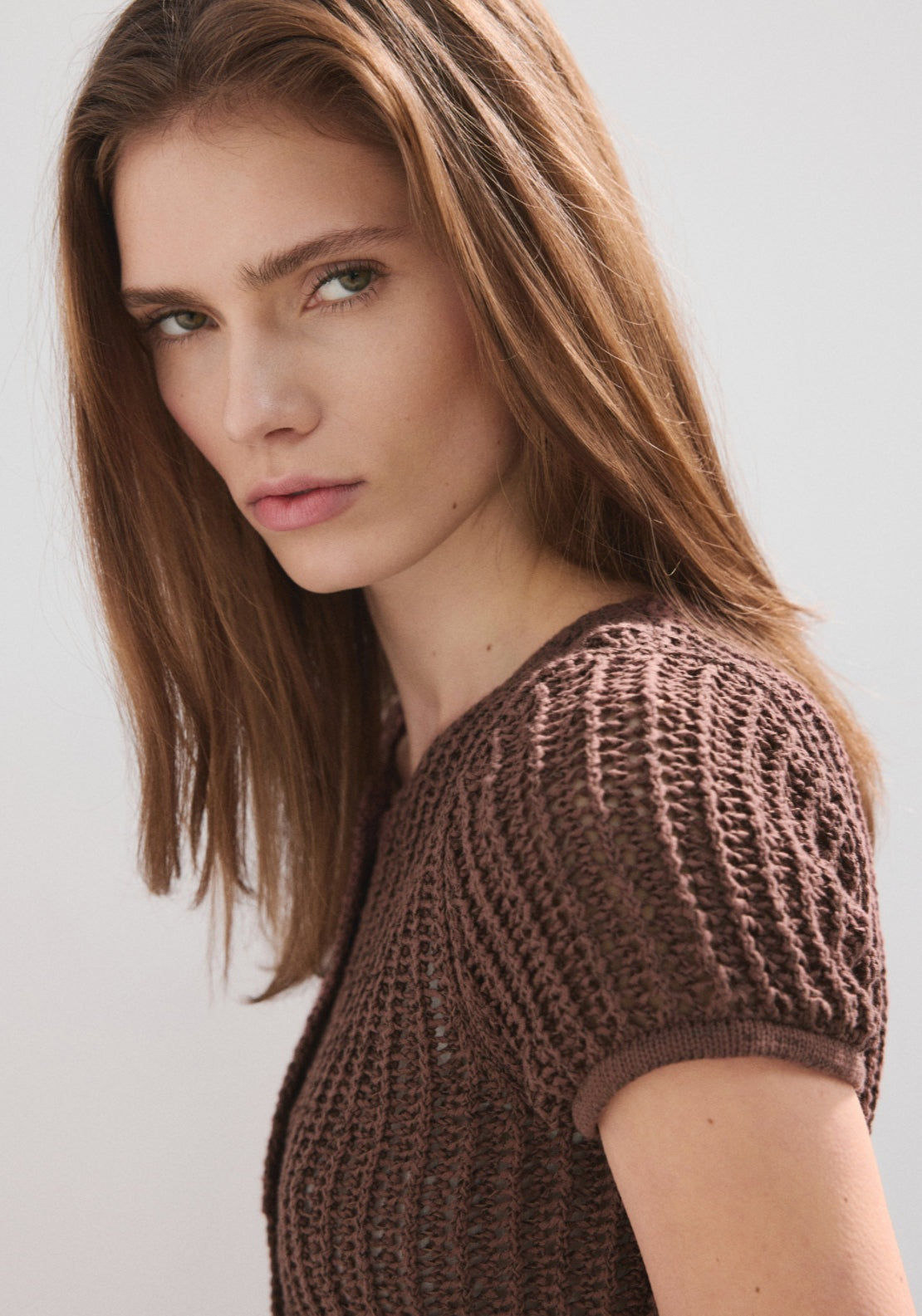 Short Sleeved Crochet Cardigan - Brown