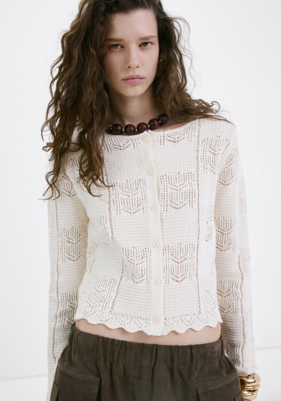 Openwork Detail Knit Cardigan - Cream
