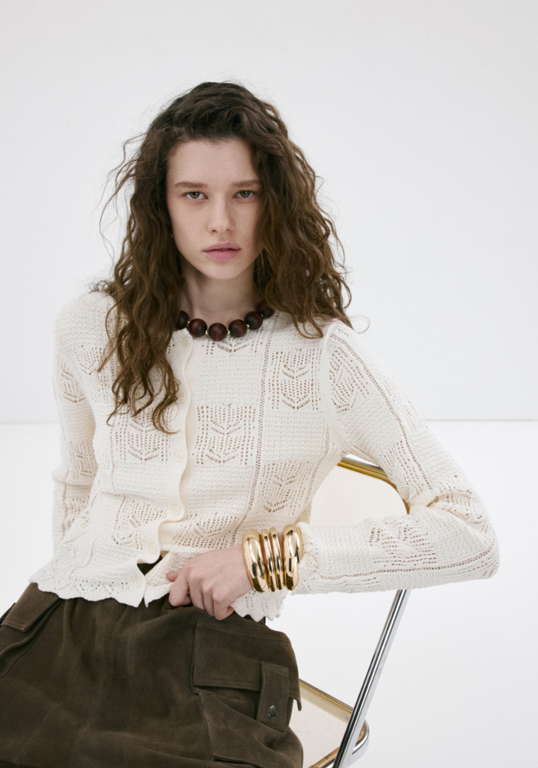 Openwork Detail Knit Cardigan - Cream