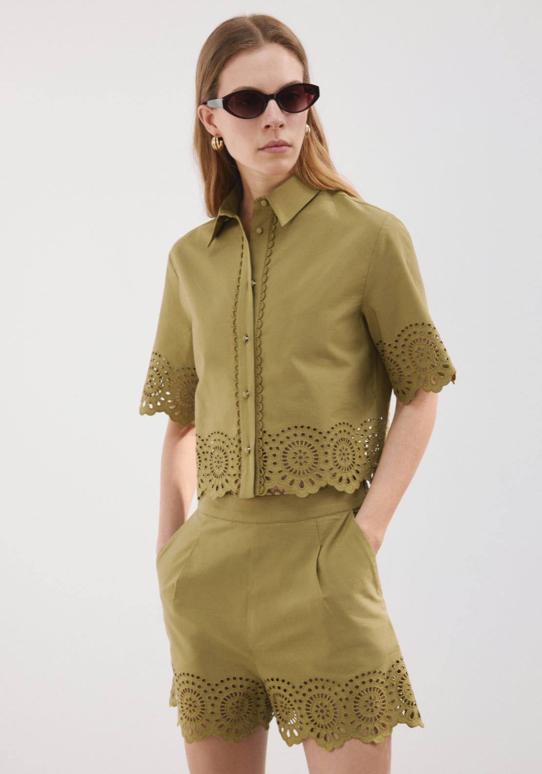 Embroidered Openwork Shorts - Green