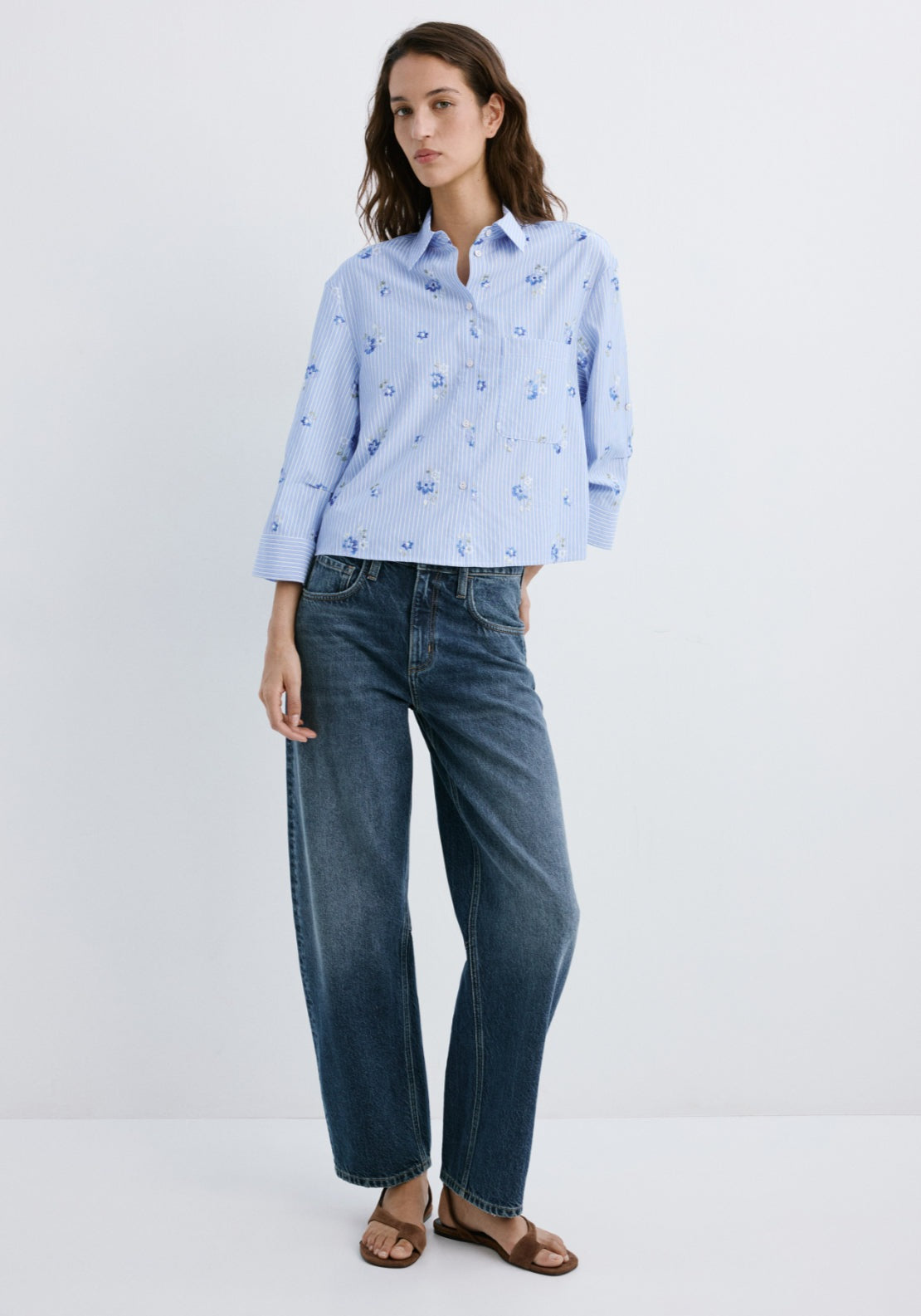 Flower Embroidered Striped Shirt - Blue