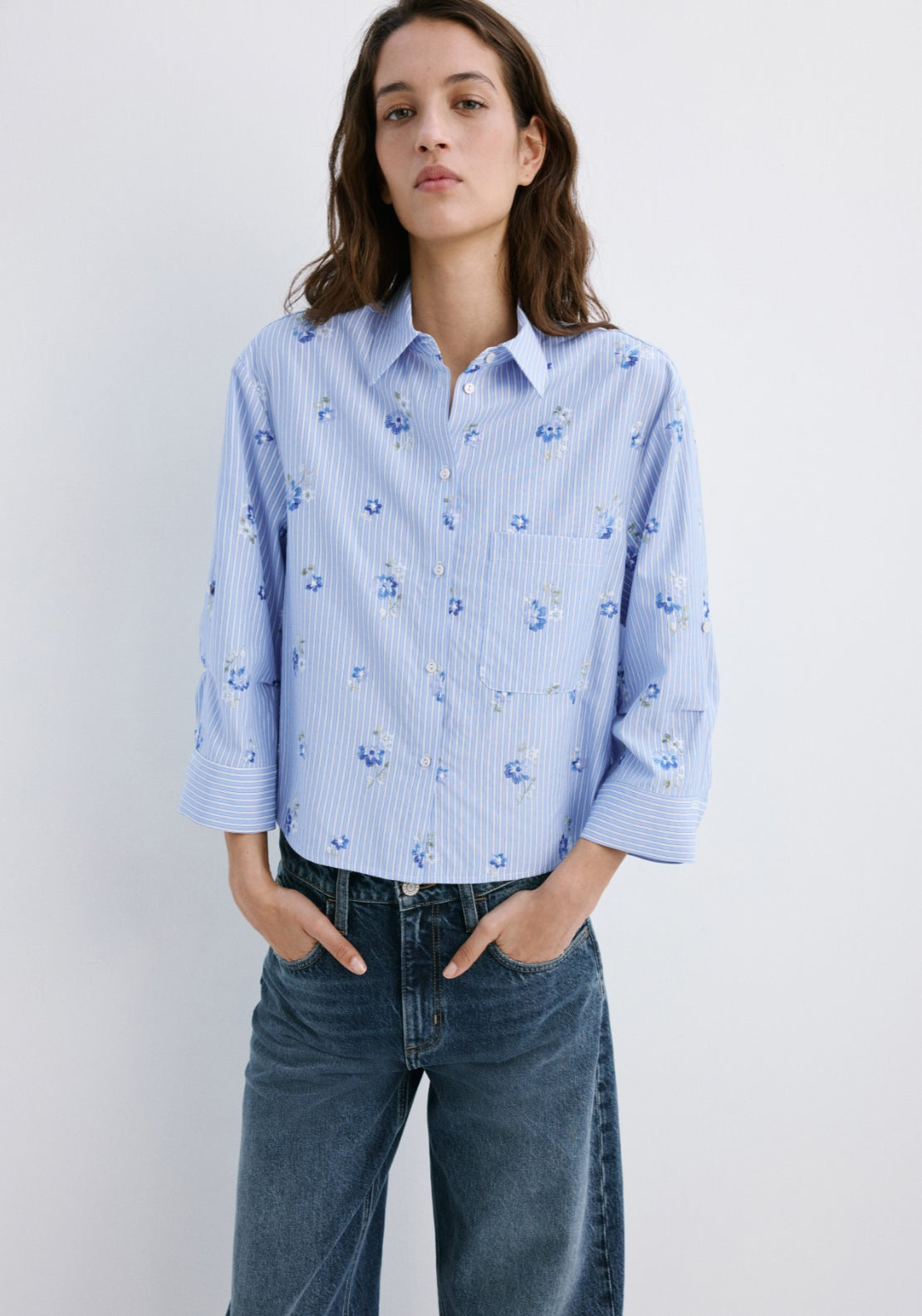 Flower Embroidered Striped Shirt - Blue