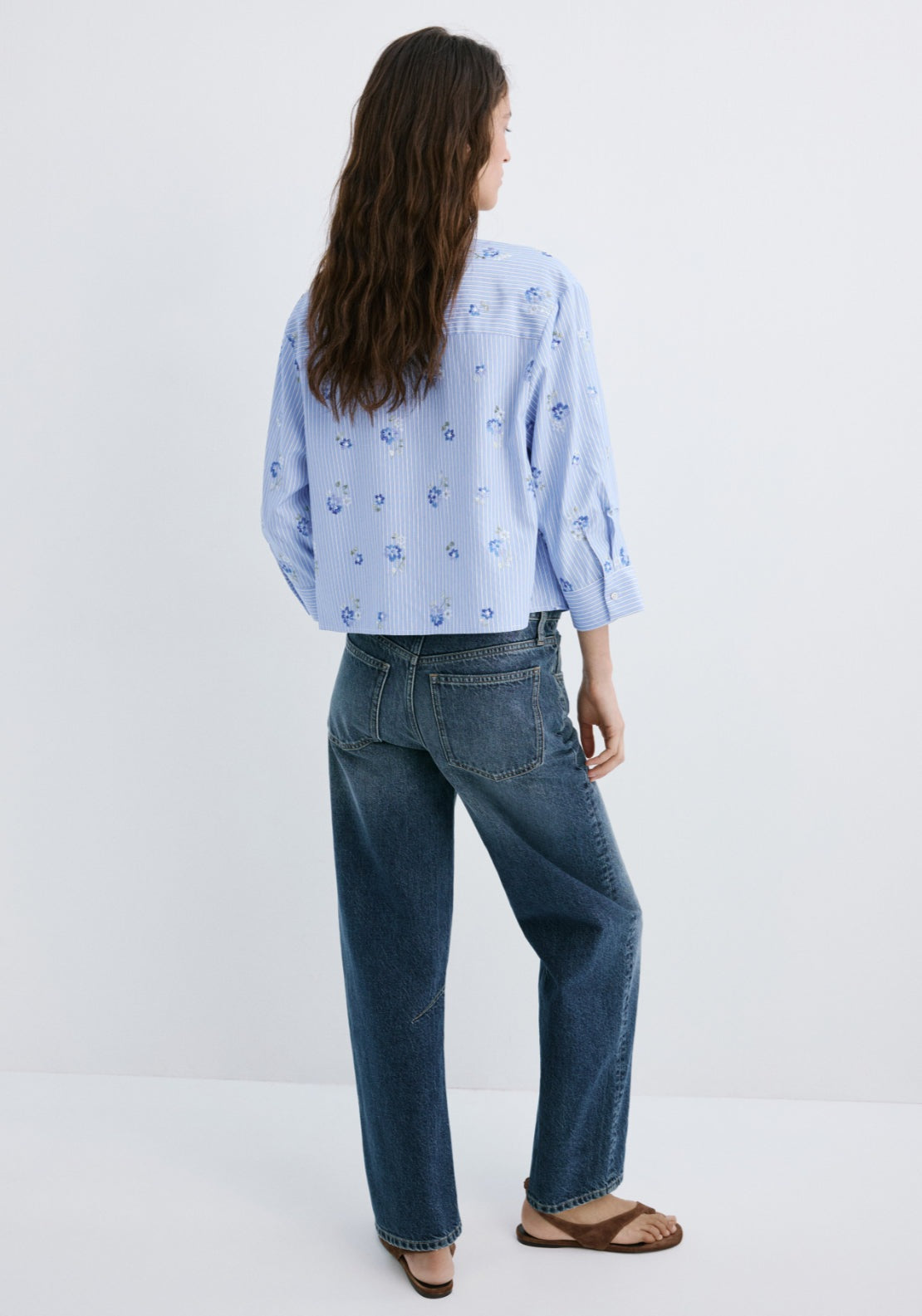 Flower Embroidered Striped Shirt - Blue