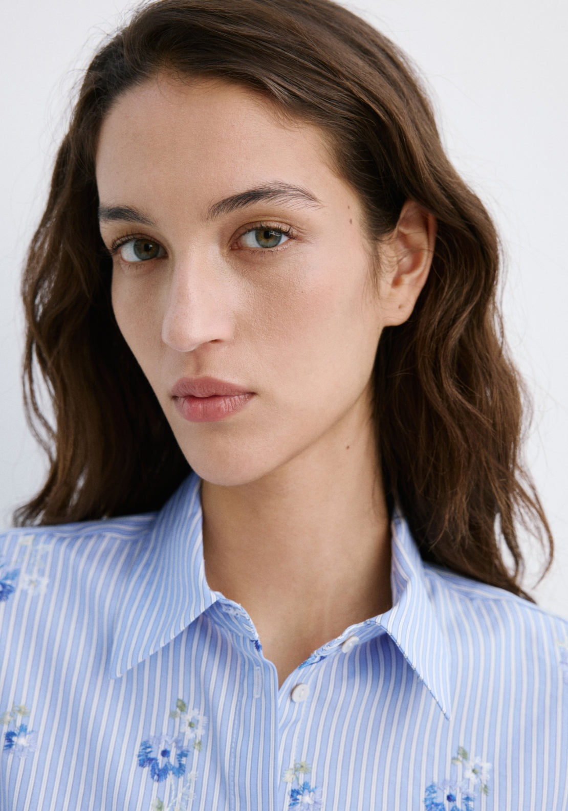 Flower Embroidered Striped Shirt - Blue