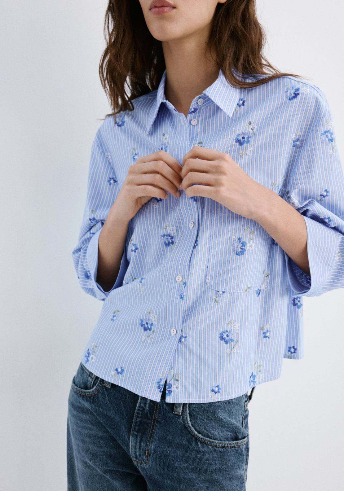 Flower Embroidered Striped Shirt - Blue