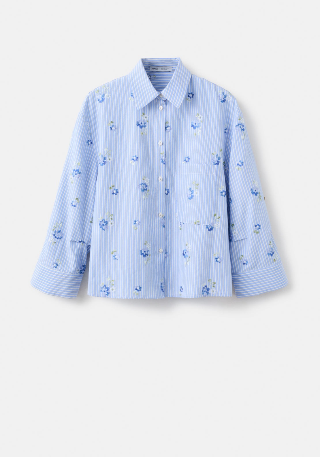 Flower Embroidered Striped Shirt - Blue