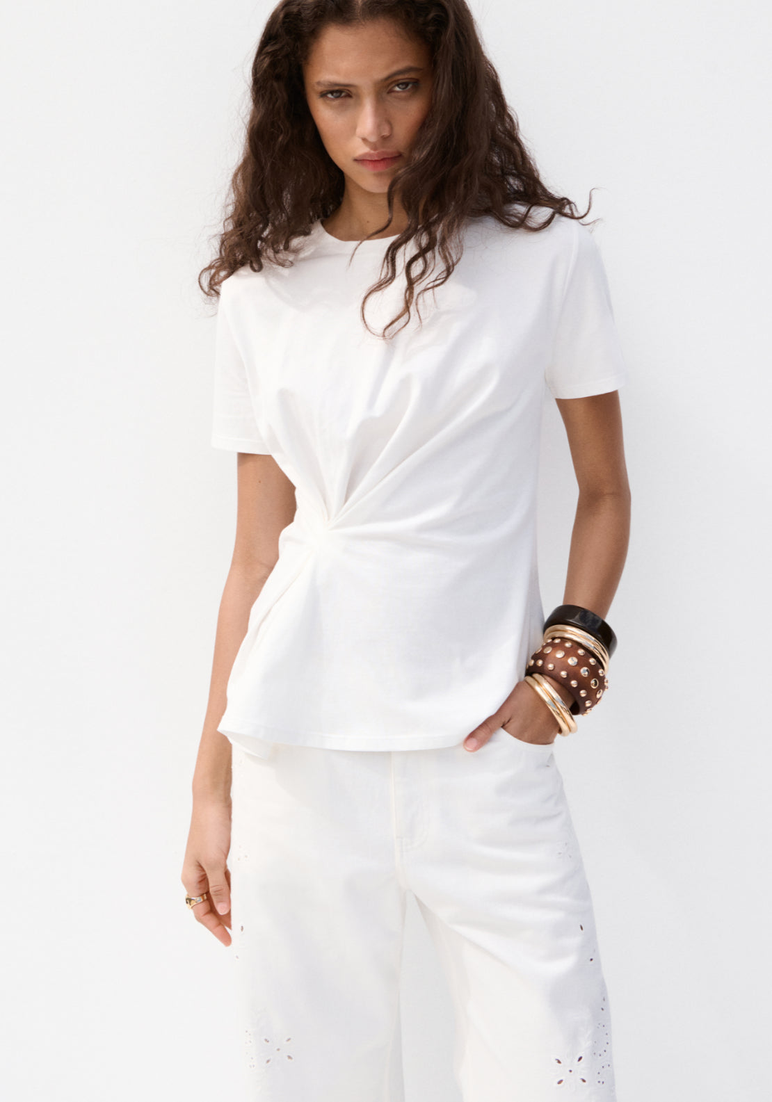 Embroidered Cut Out Balloon Jeans - White