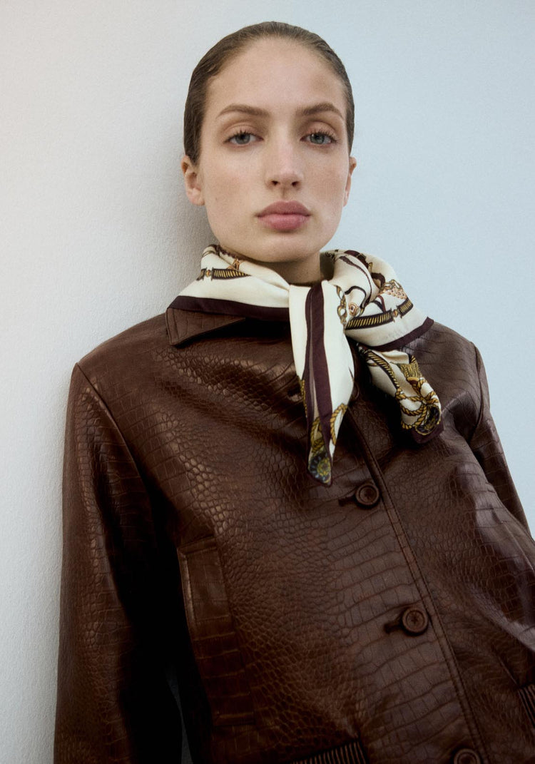 Croc Effect Bomber Jacket - Brown