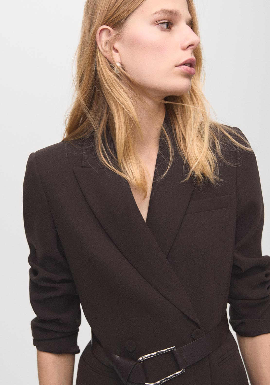 Blazer Style Dress With Belt - Brown