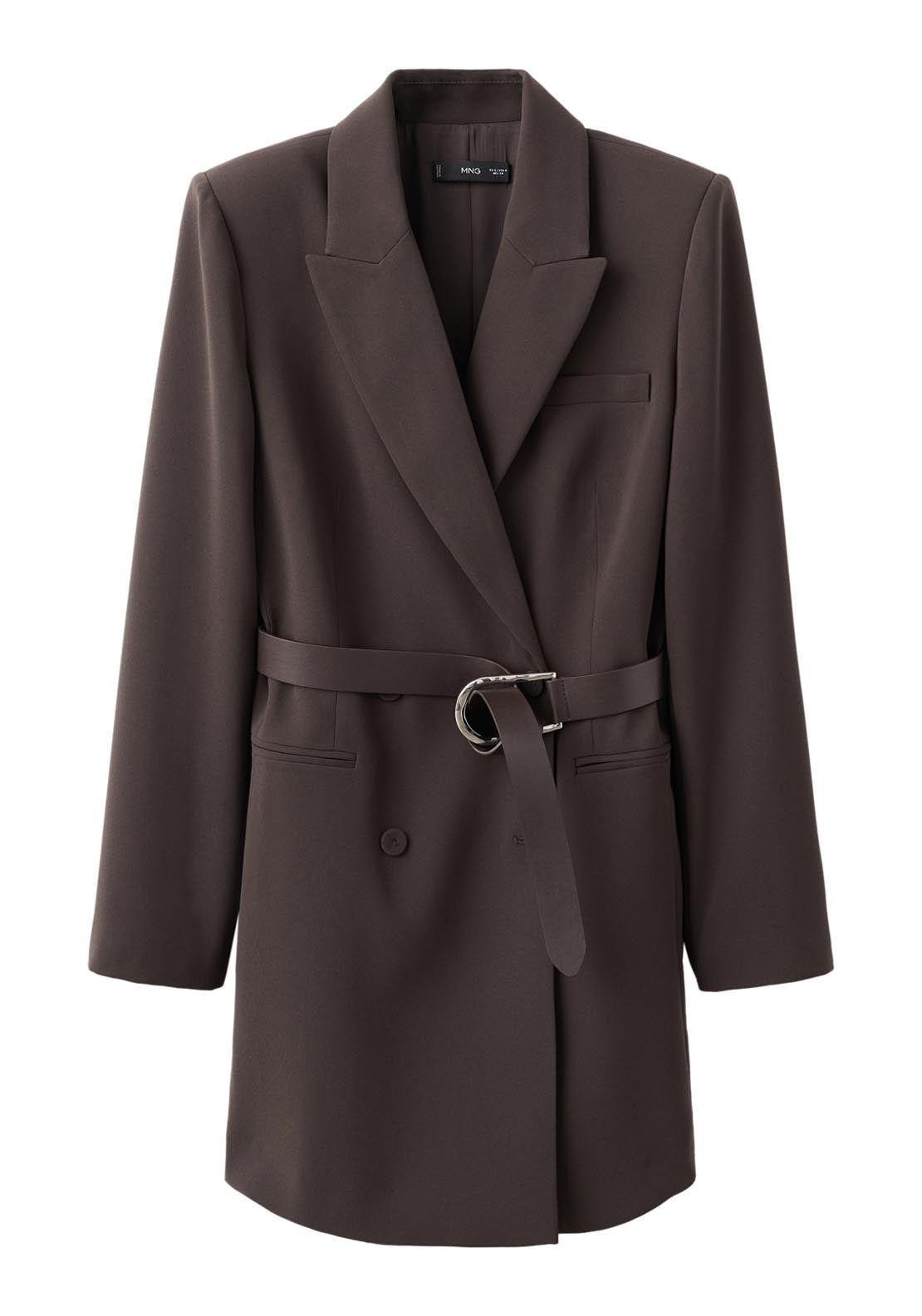 Blazer Style Dress With Belt - Brown