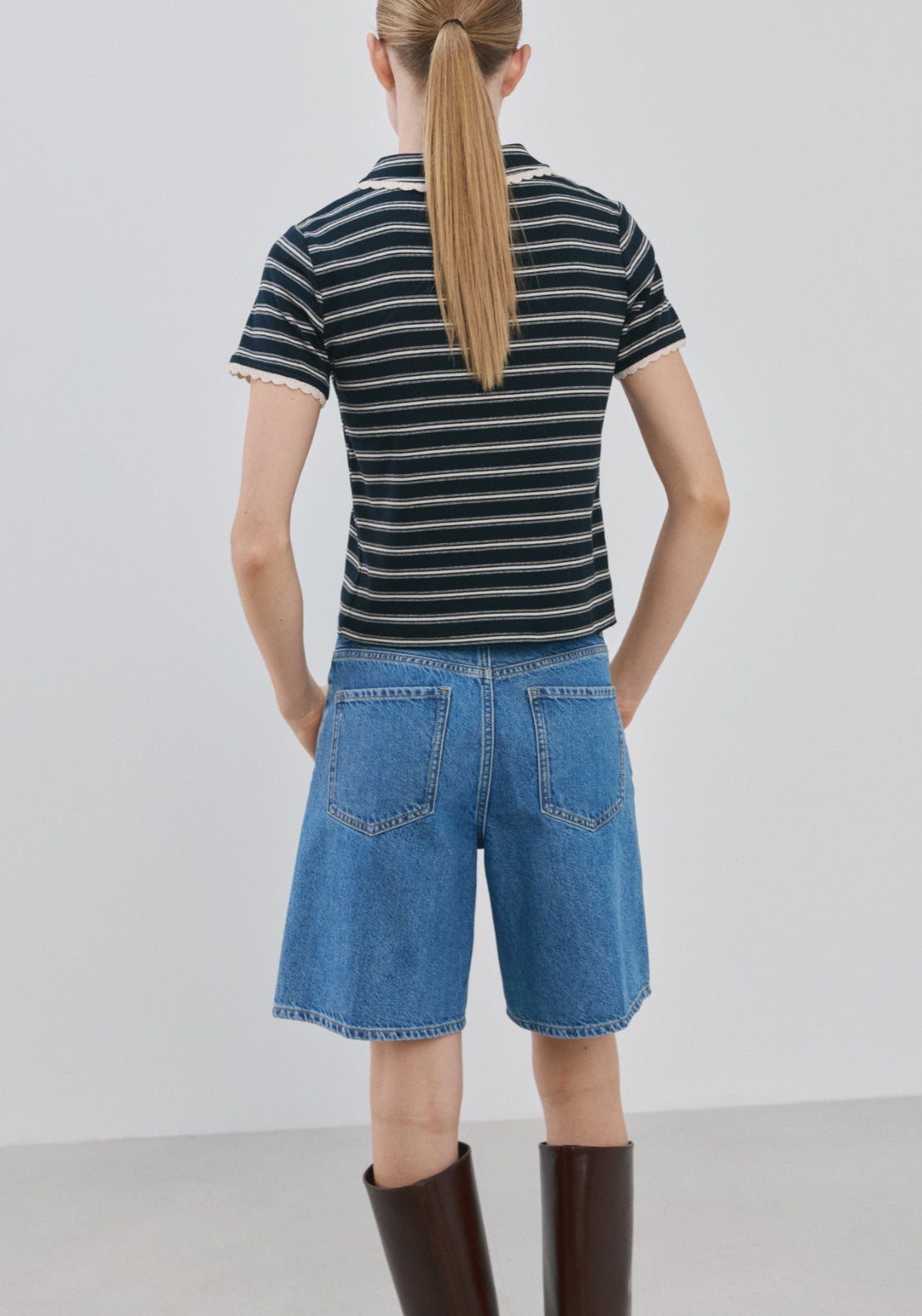 Scalloped Striped Polo Shirt - Blue