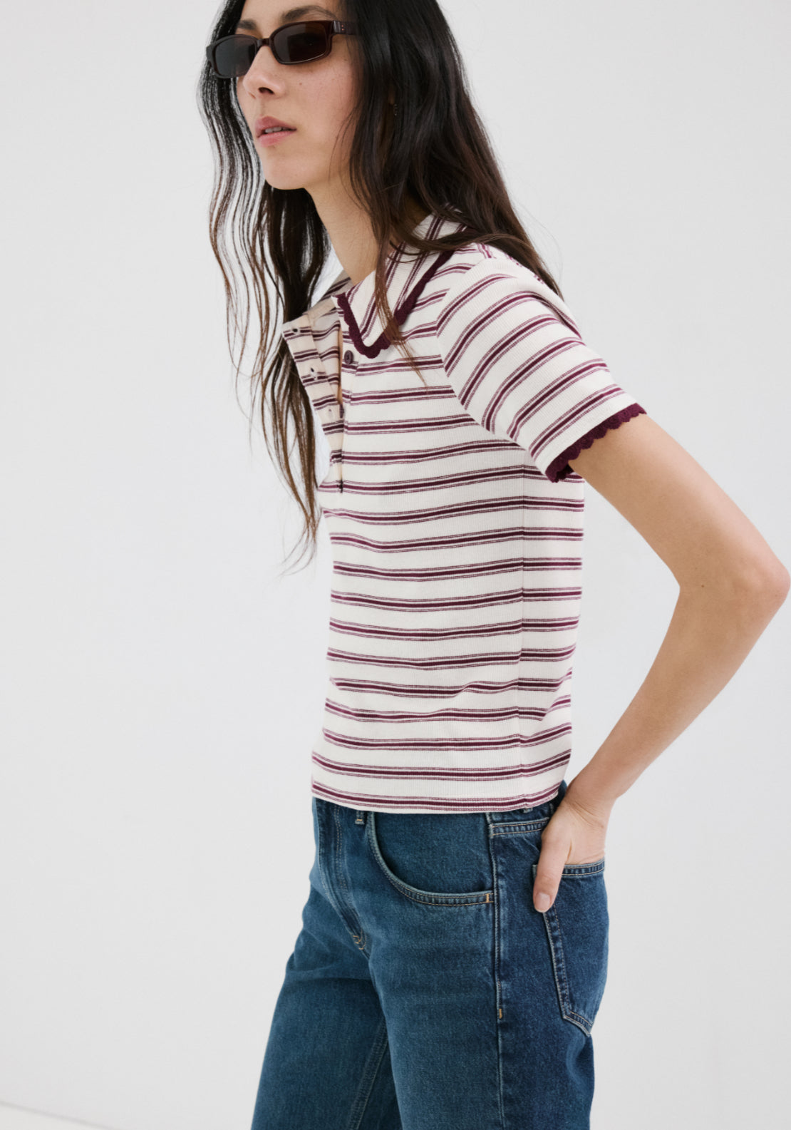 Scalloped Striped Polo Shirt - Burgundy