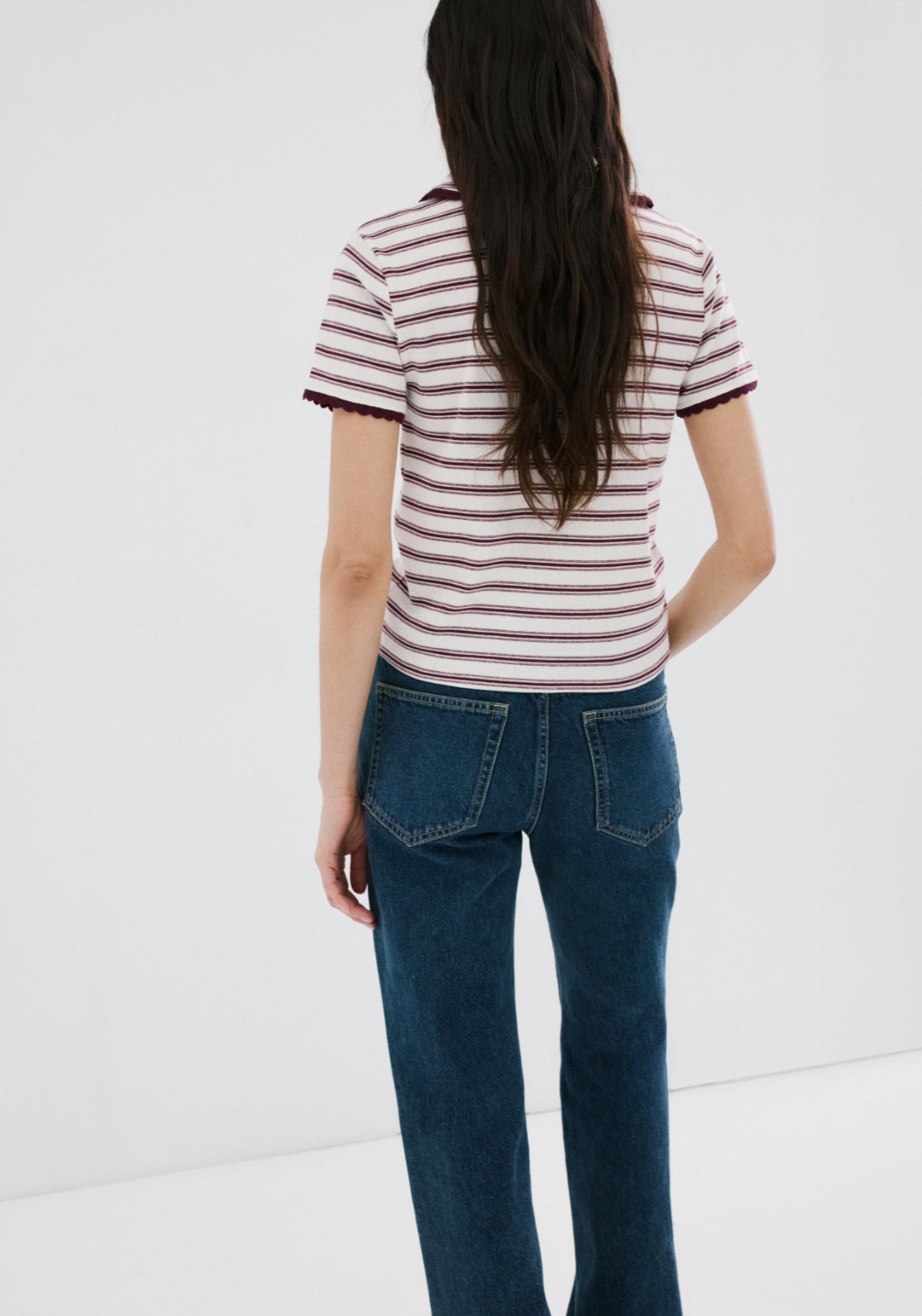 Scalloped Striped Polo Shirt - Burgundy