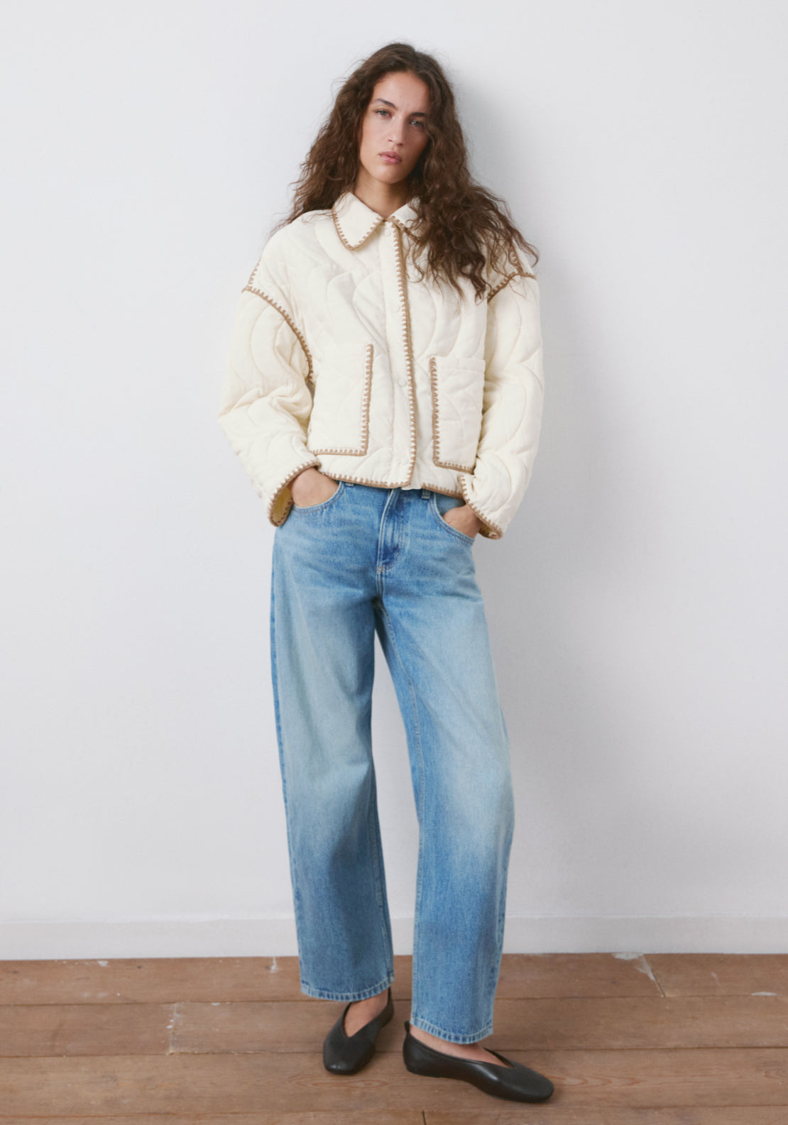 Contrast Piping Quilted Jacket - Cream