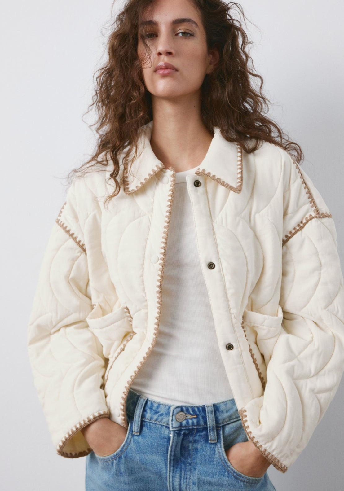 Contrast Piping Quilted Jacket - Cream