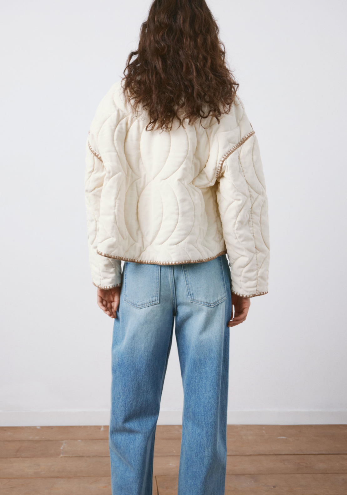 Contrast Piping Quilted Jacket - Cream