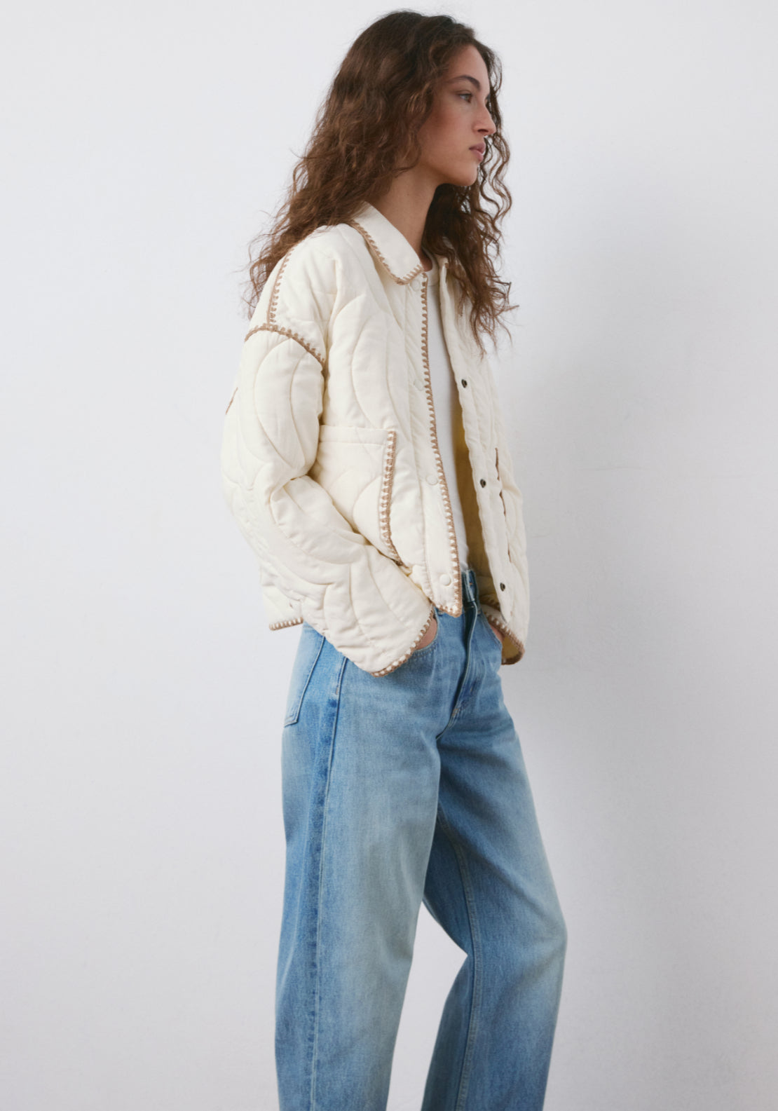 Contrast Piping Quilted Jacket - Cream
