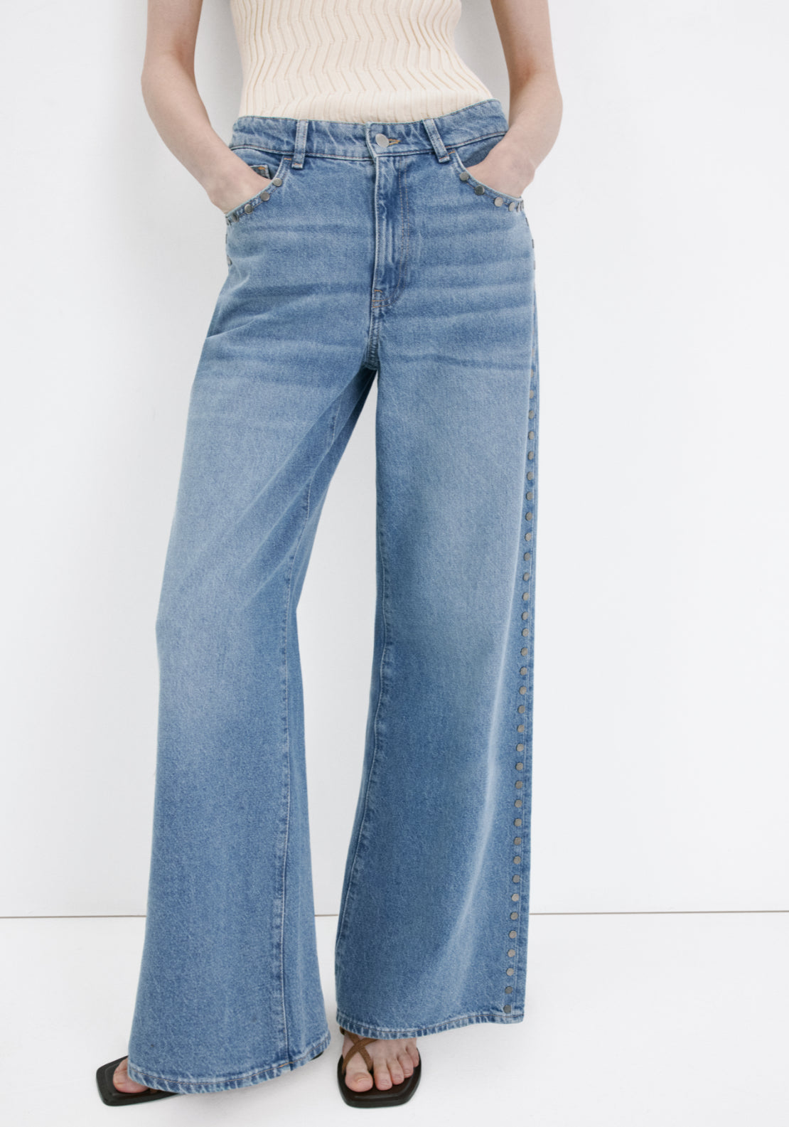 Straight Fit Jeans With Studs - Denim Blue