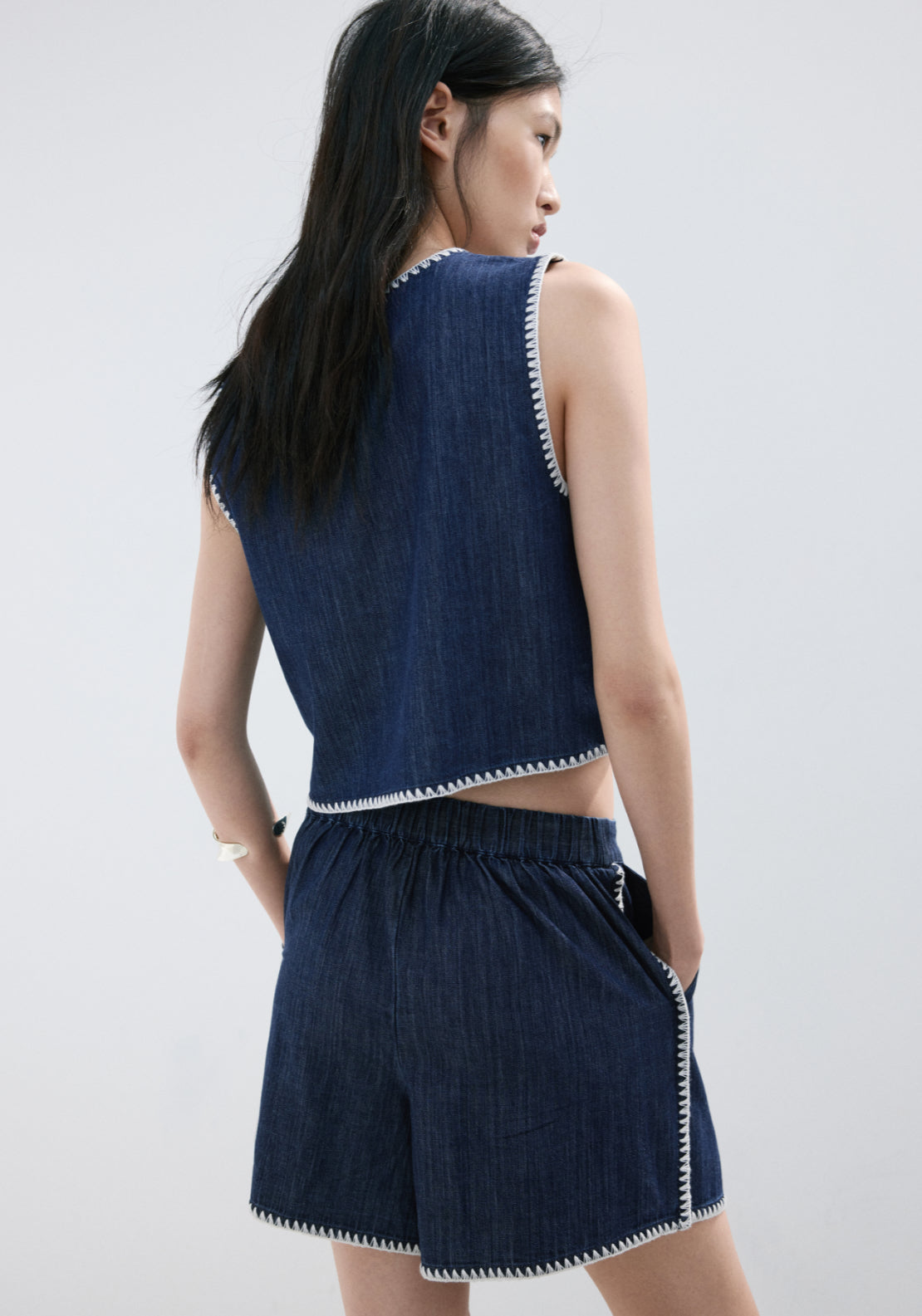 Contrast Trim Denim Shorts - Denim Blue