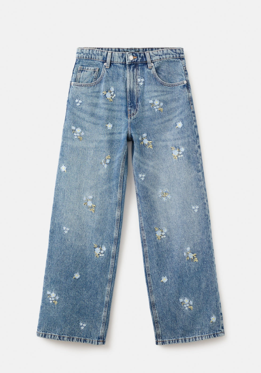 Flower Embroidered Straight-Fit Jeans - Denim Blue