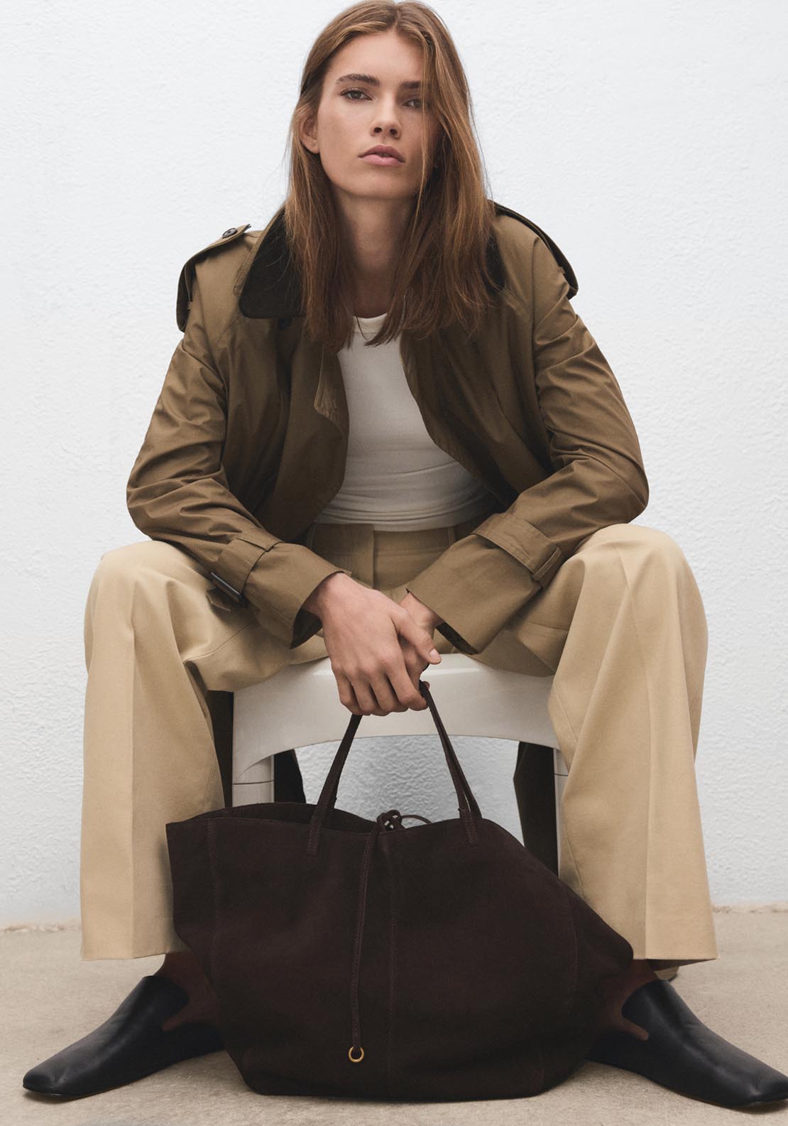 Suede Shopper Bag With Bow Closure - Brown