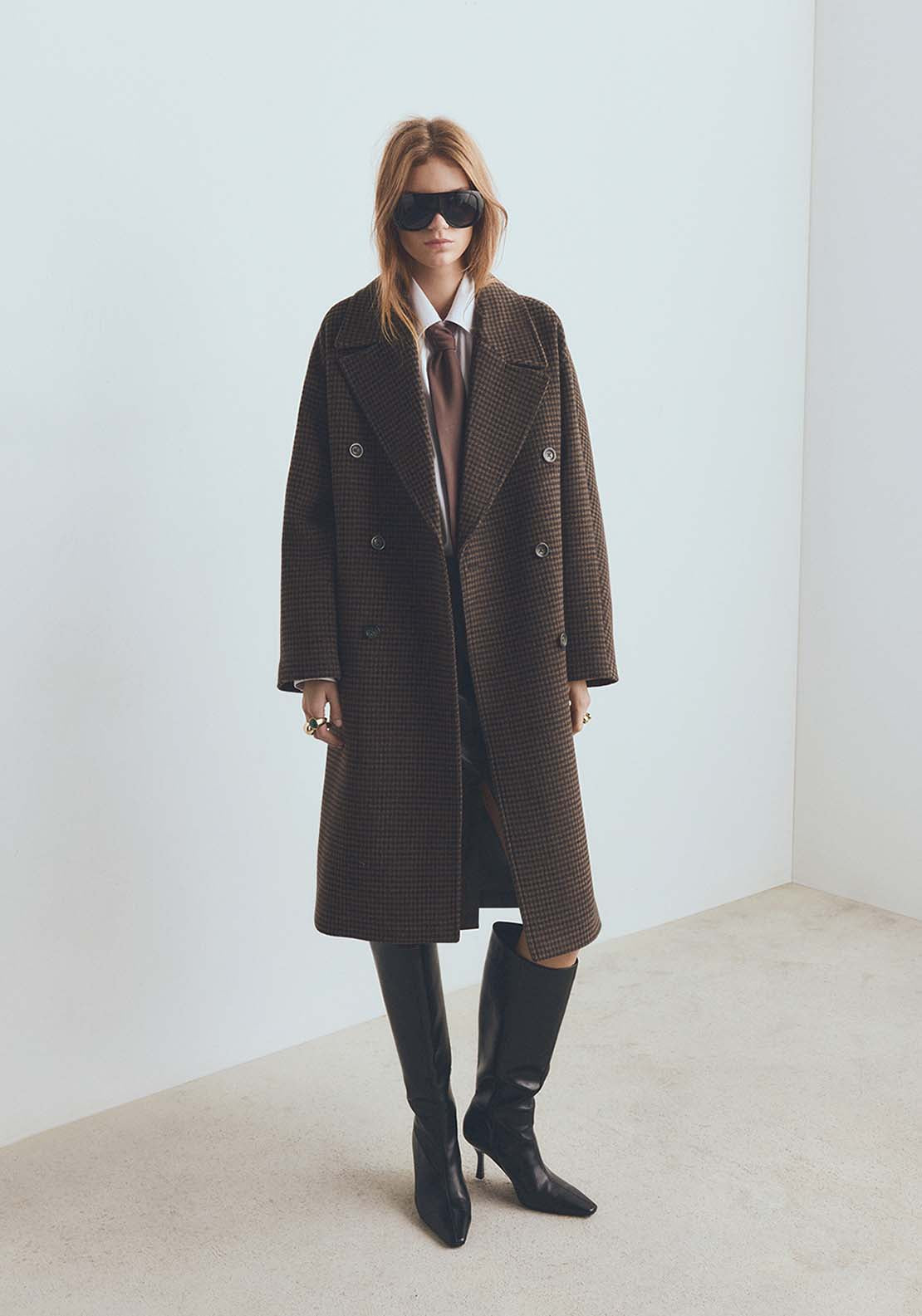 Wool Blend Micro Houndstooth Coat - Brown