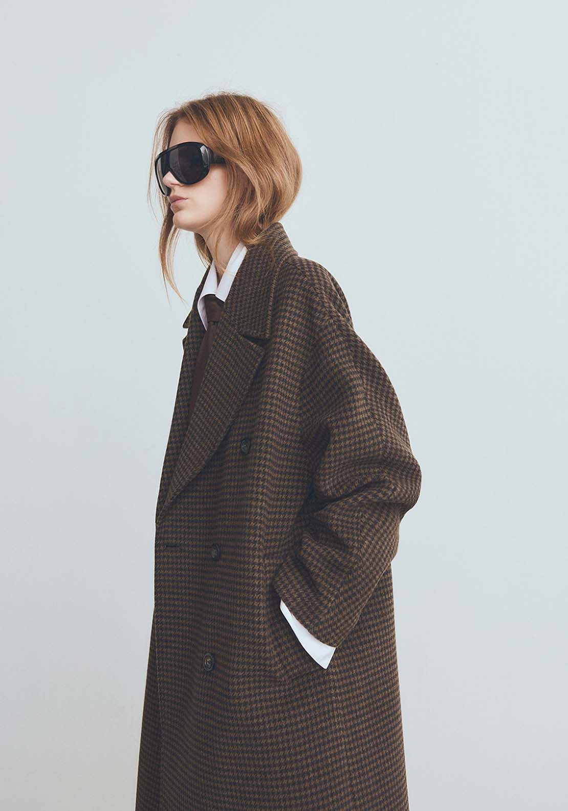 Wool Blend Micro Houndstooth Coat - Brown