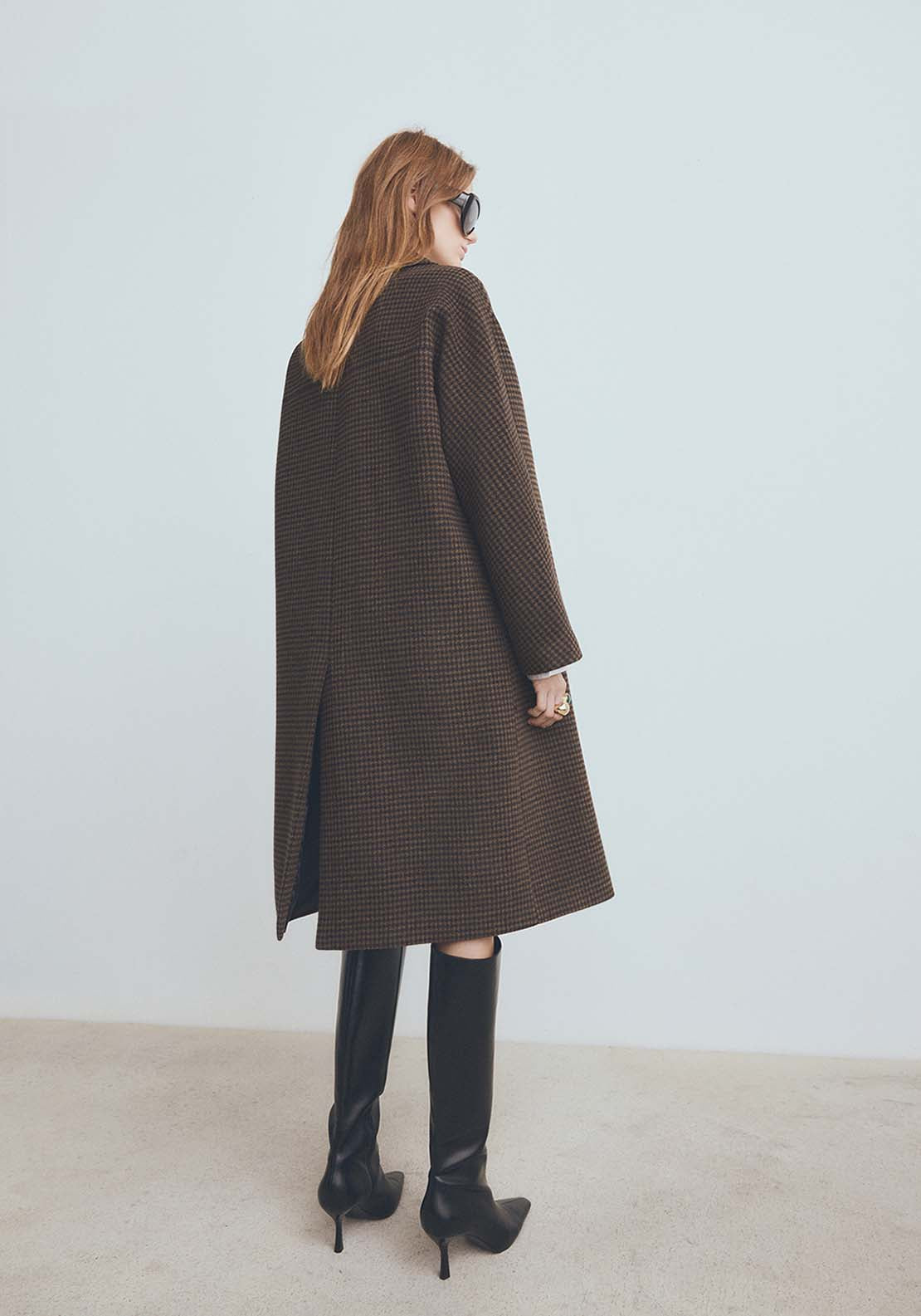 Wool Blend Micro Houndstooth Coat - Brown