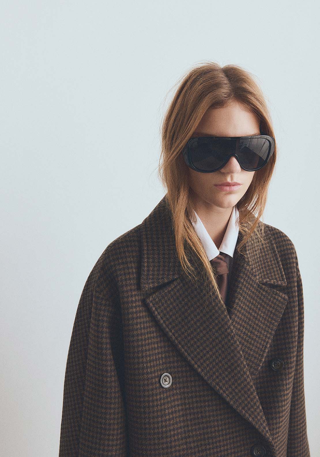 Wool Blend Micro Houndstooth Coat - Brown