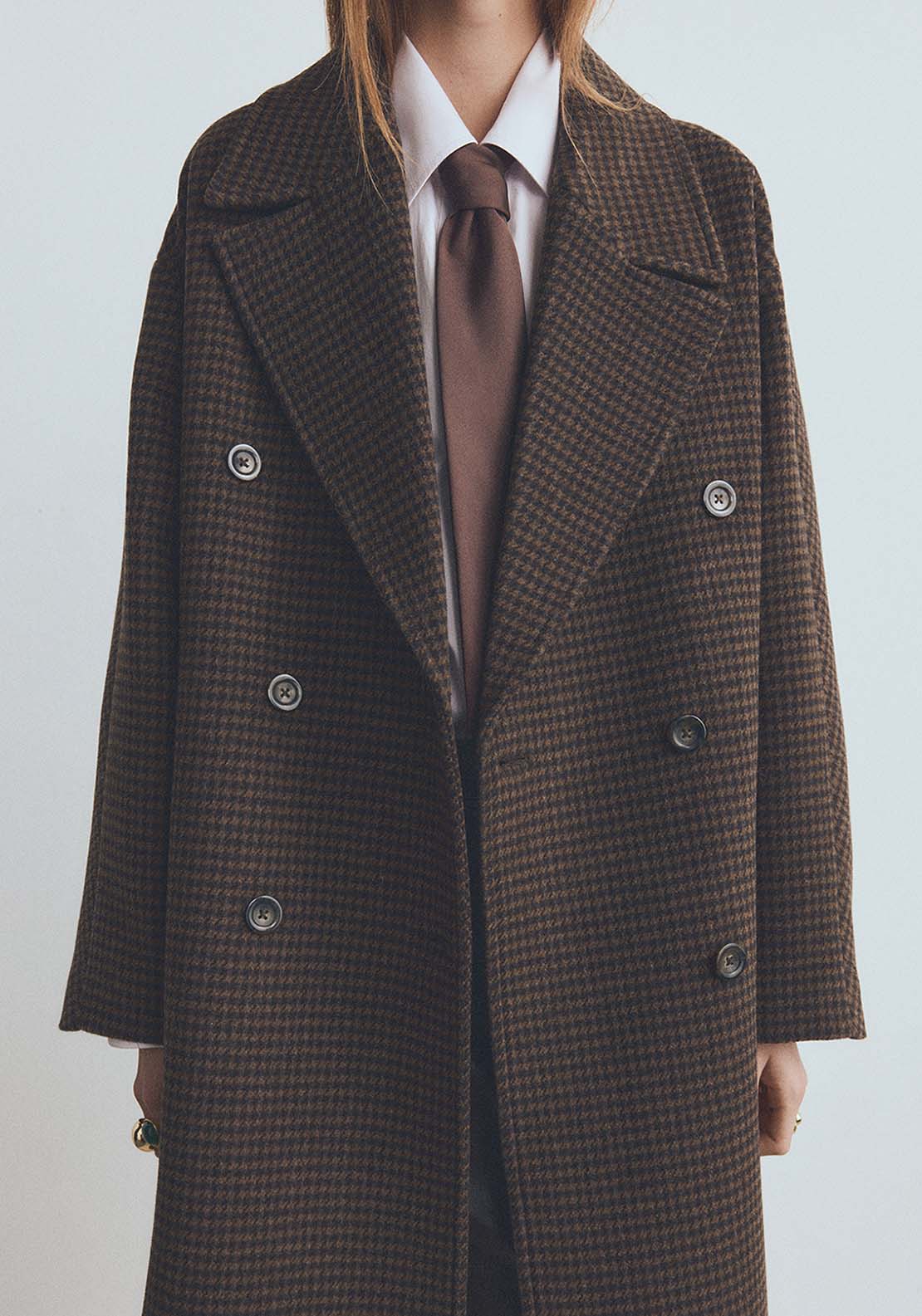 Wool Blend Micro Houndstooth Coat - Brown