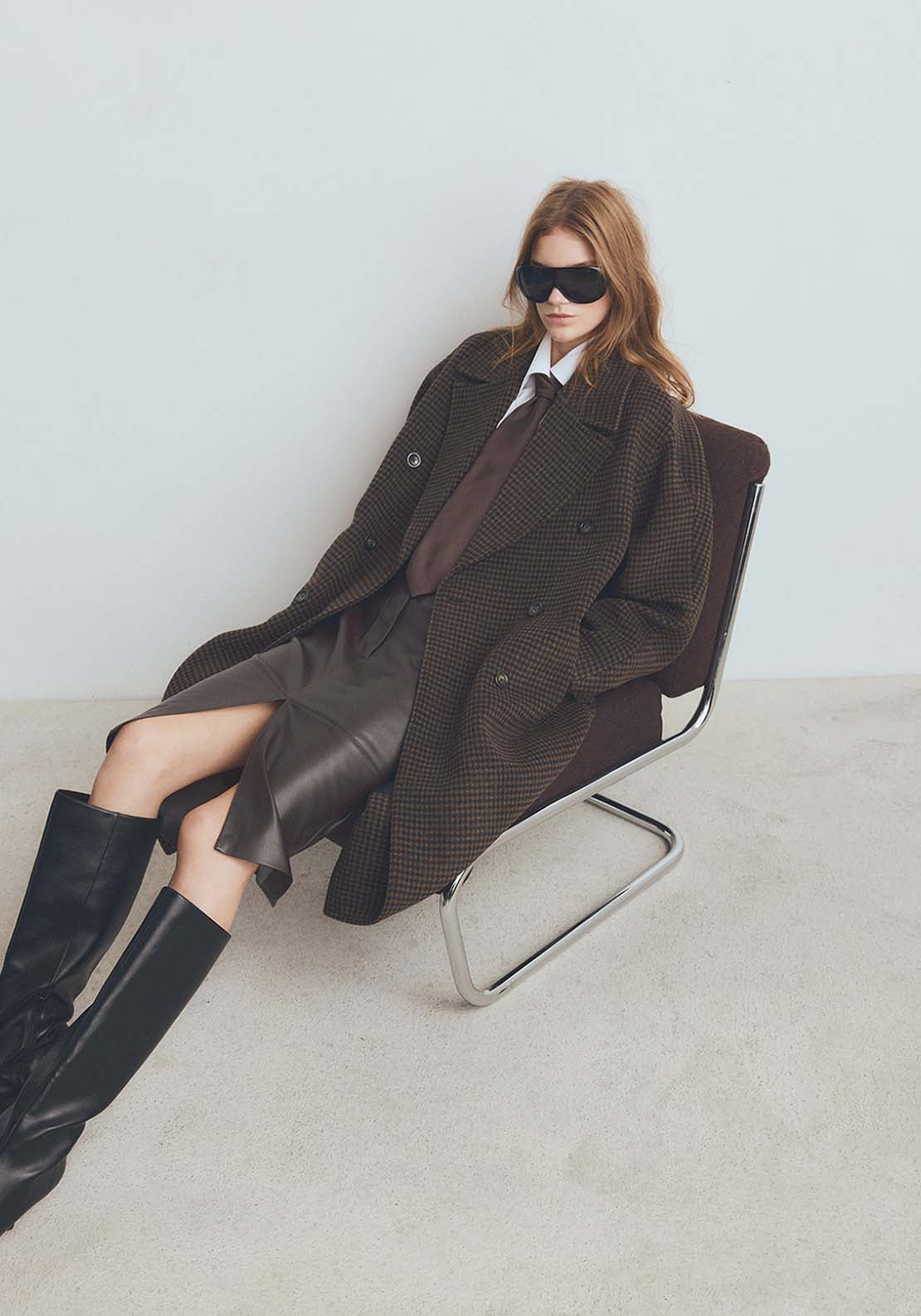 Wool Blend Micro Houndstooth Coat - Brown
