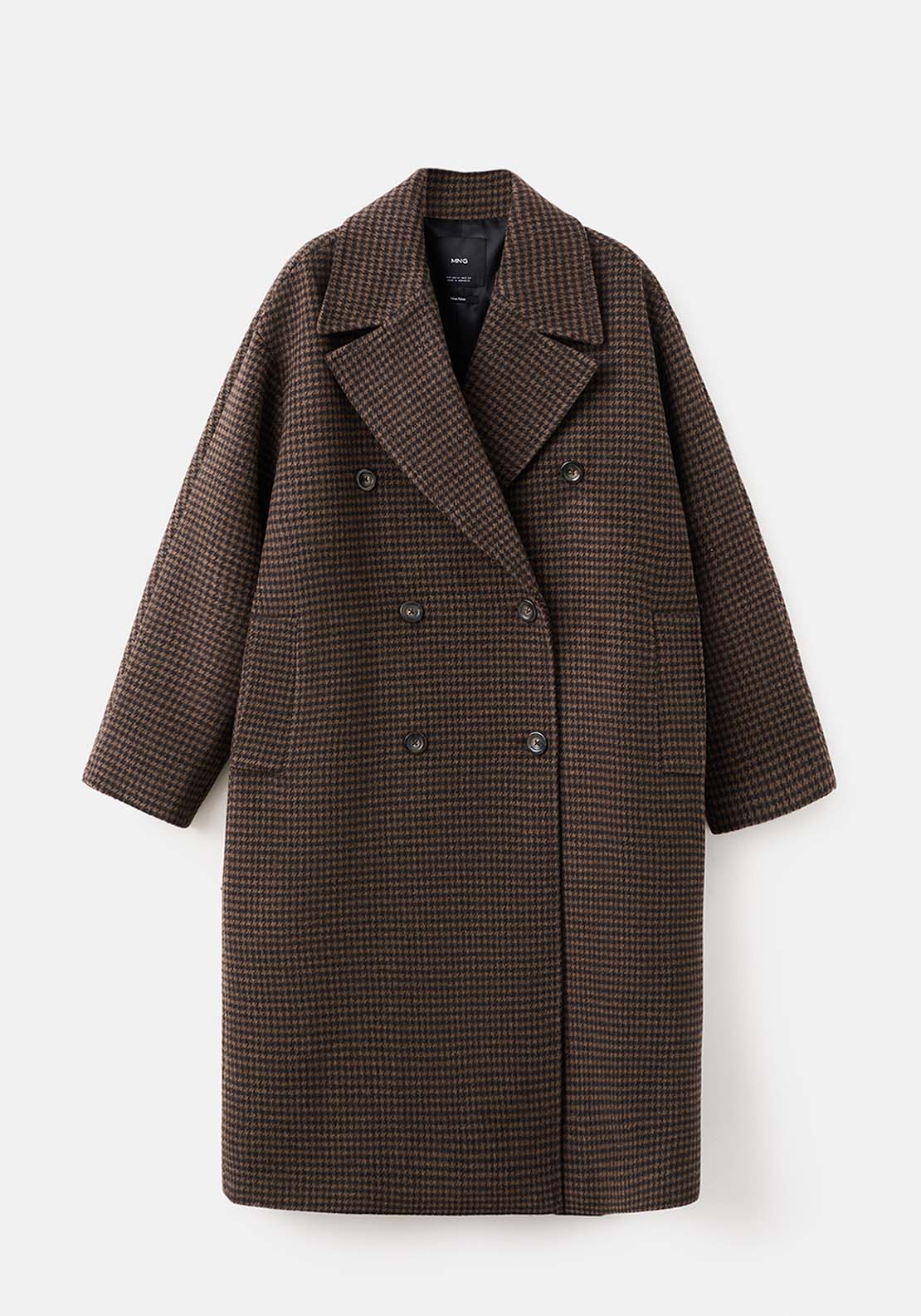 Wool Blend Micro Houndstooth Coat - Brown