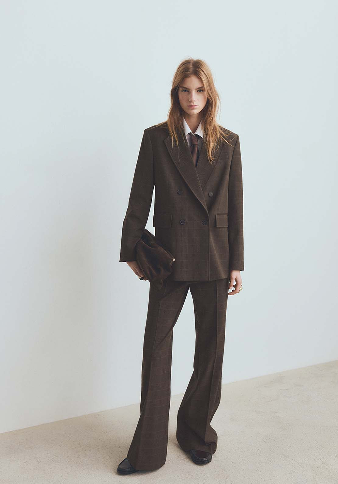 Double Breasted Check Suit Jacket - Brown