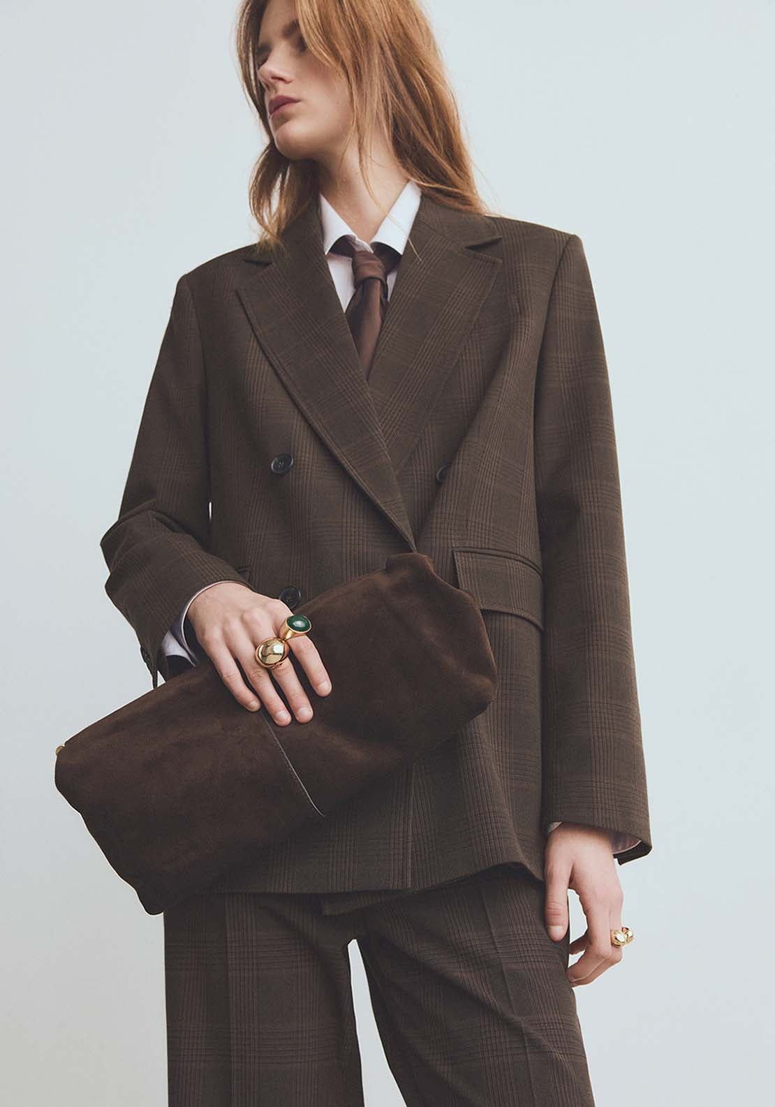 Double Breasted Check Suit Jacket - Brown