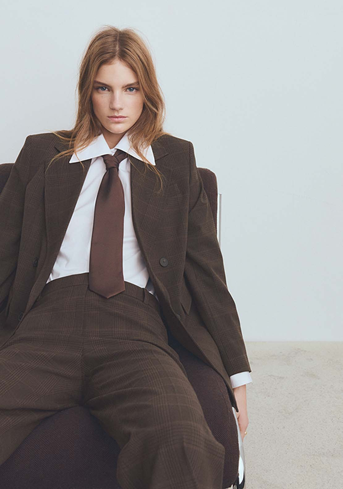 Double Breasted Check Suit Jacket - Brown