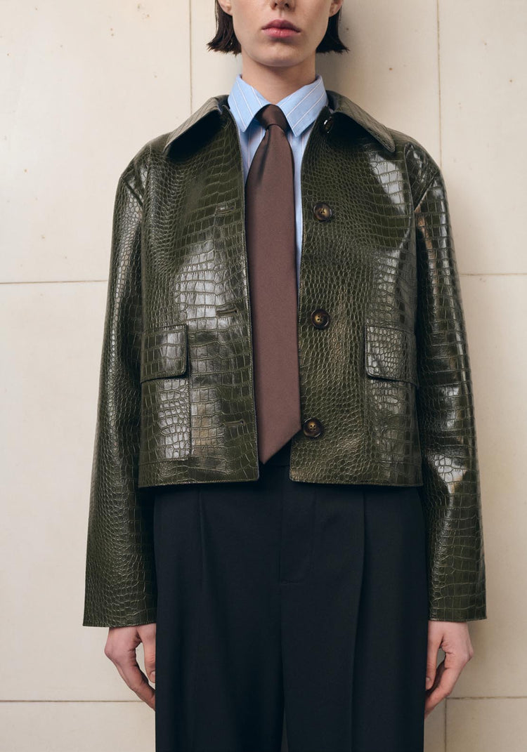 Croc Effect Faux Leather Jacket - Green