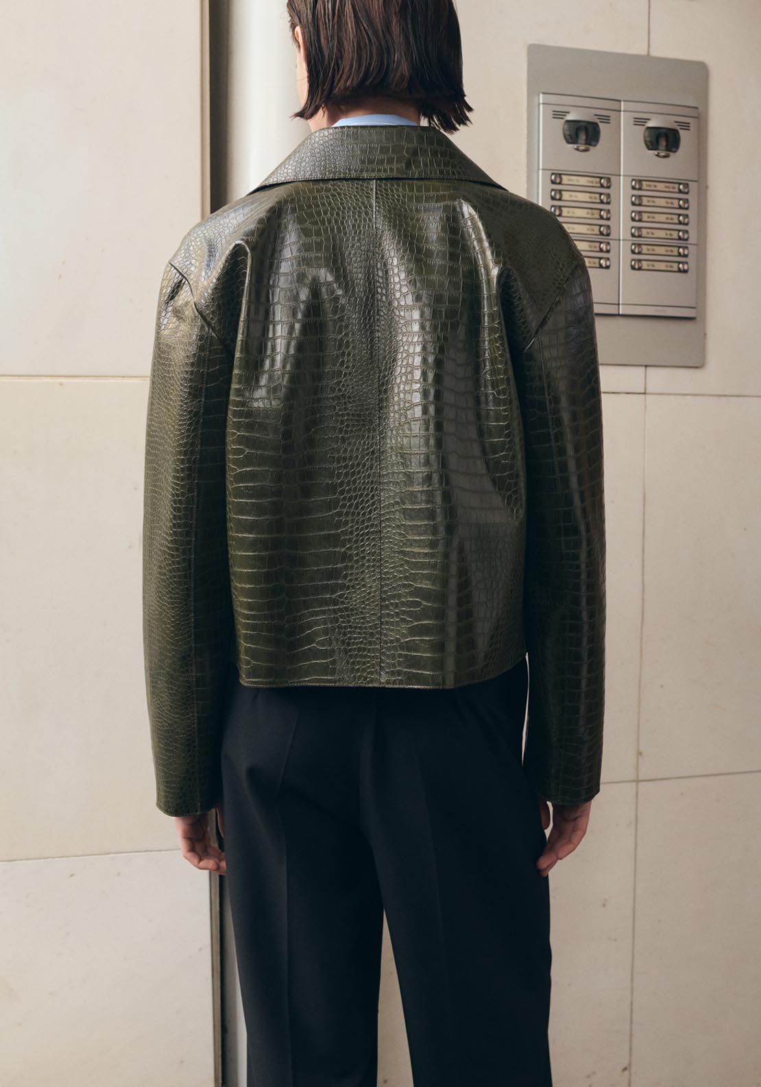 Croc Effect Faux Leather Jacket - Green
