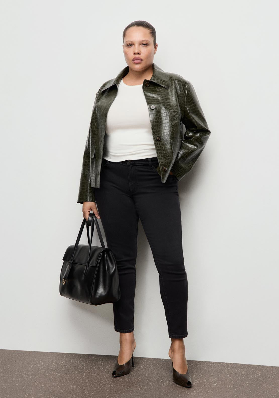 Croc Effect Faux Leather Jacket - Green
