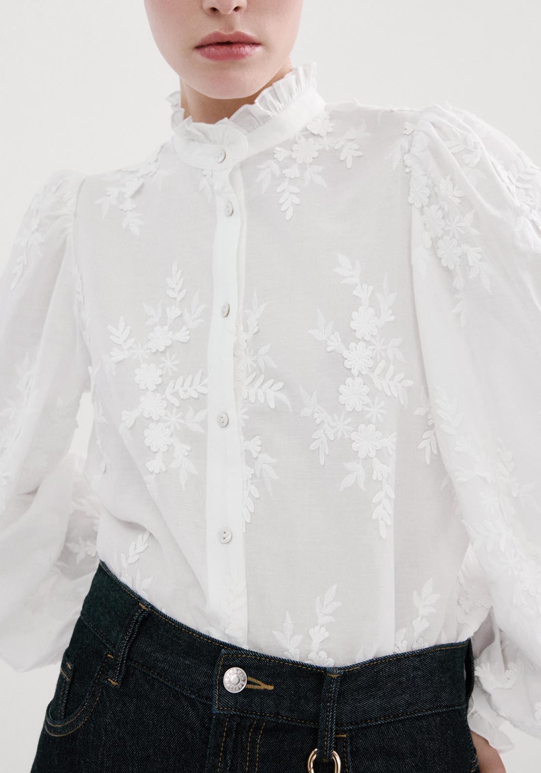 Floral Embroidery Blouse - White