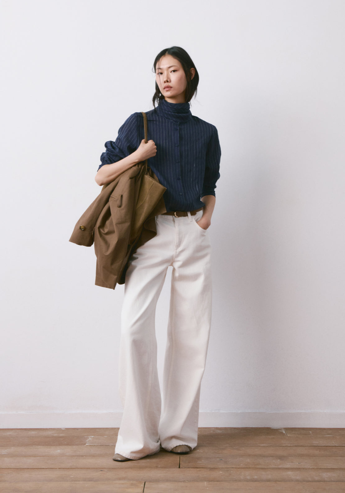 Striped Blouse With Bow Tie Neck - Blue