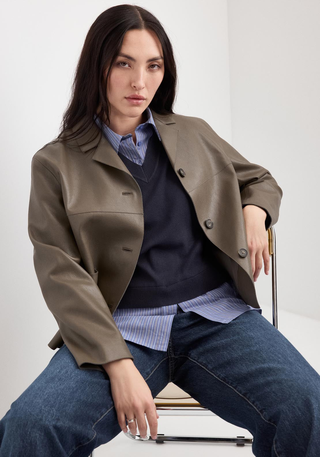 Faux Leather Jacket With Pockets - Green