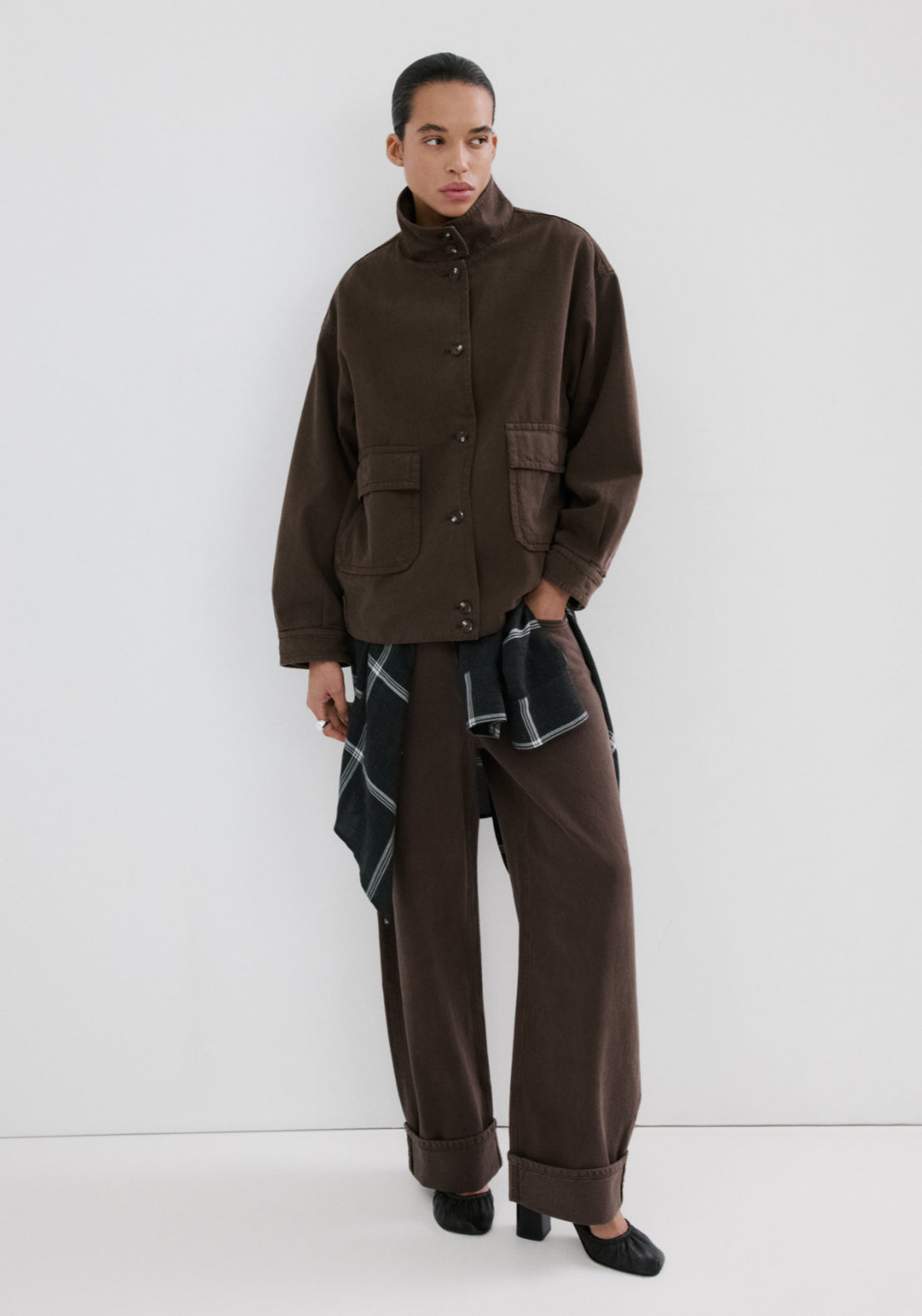Oversized Denim Parka With Pockets - Brown