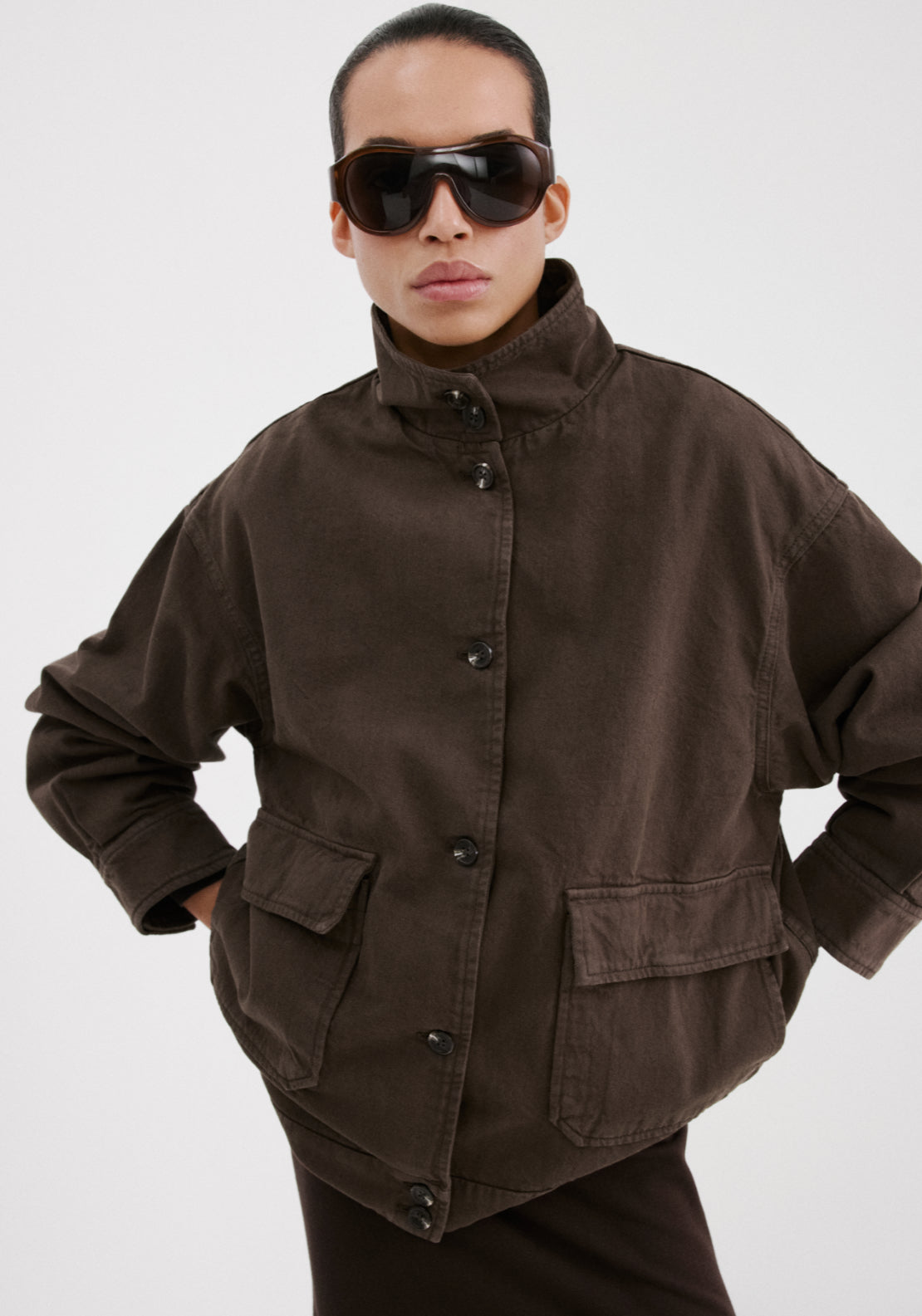 Oversized Denim Parka With Pockets - Brown