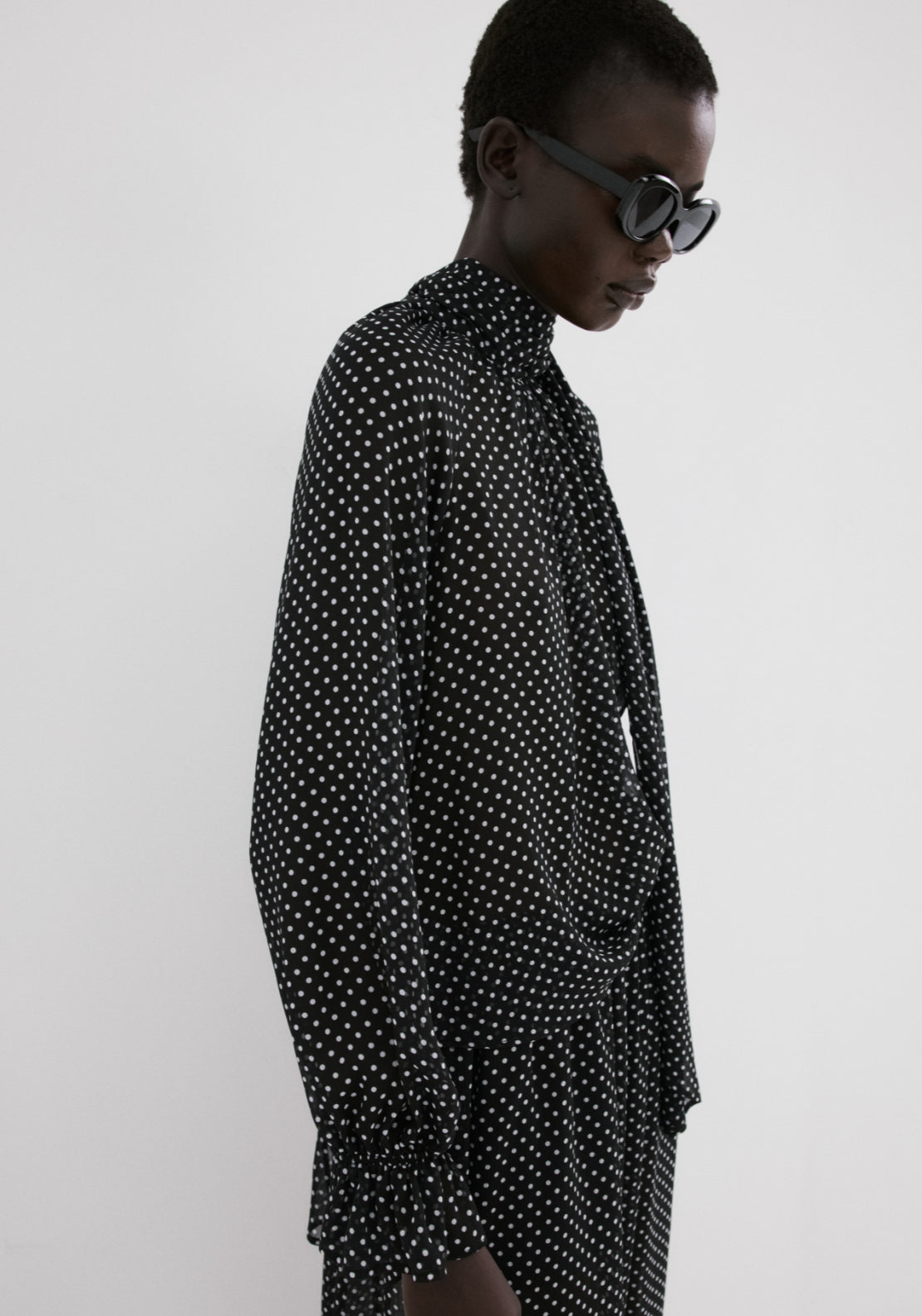 Polka Dot High Neck Blouse - Black