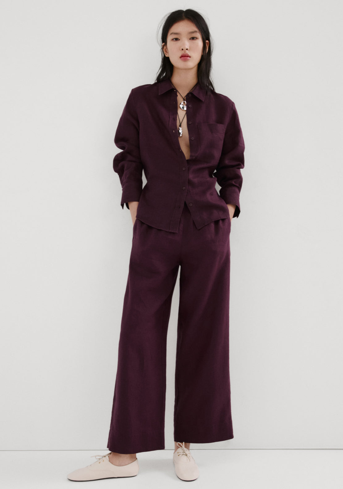 Straight Linen Blend Trousers - Burgundy