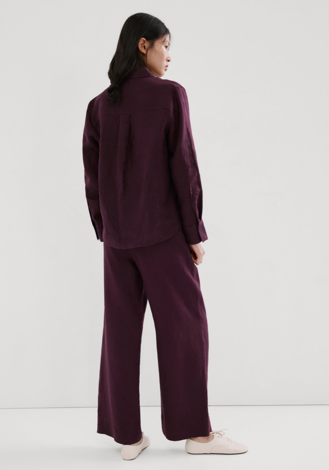 Straight Linen Blend Trousers - Burgundy