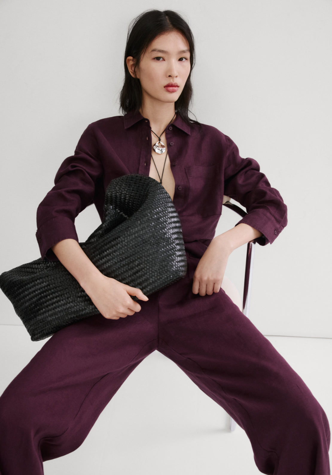 Straight Linen Blend Trousers - Burgundy