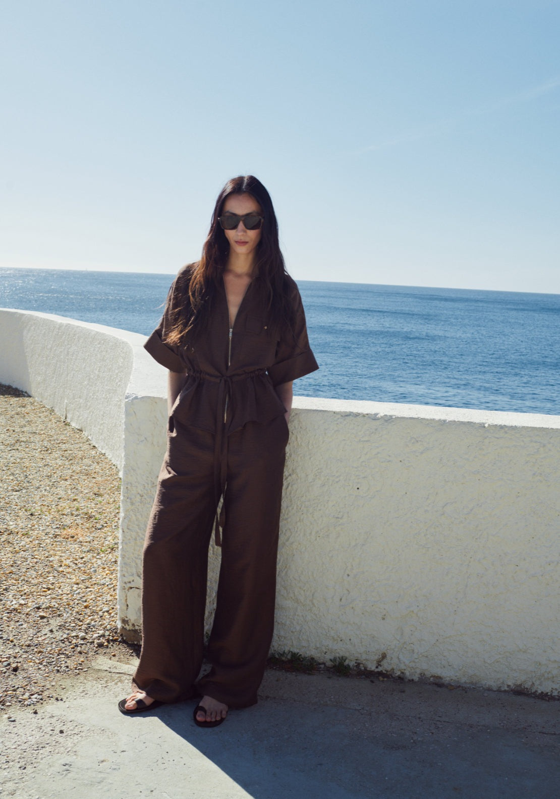 Linen Blouse With Belt - Brown