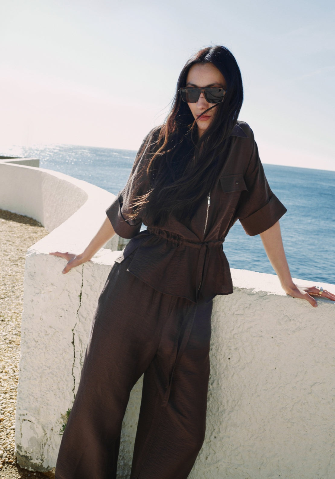 Linen Blouse With Belt - Brown