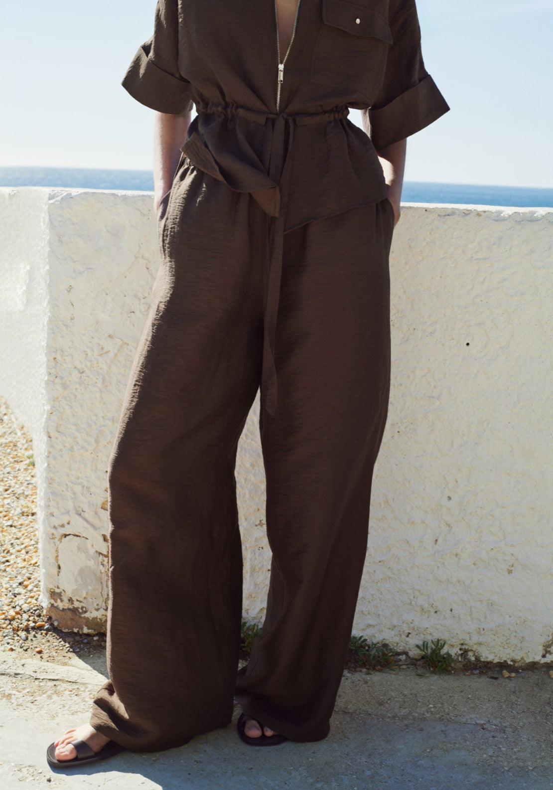 Linen Blouse With Belt - Brown